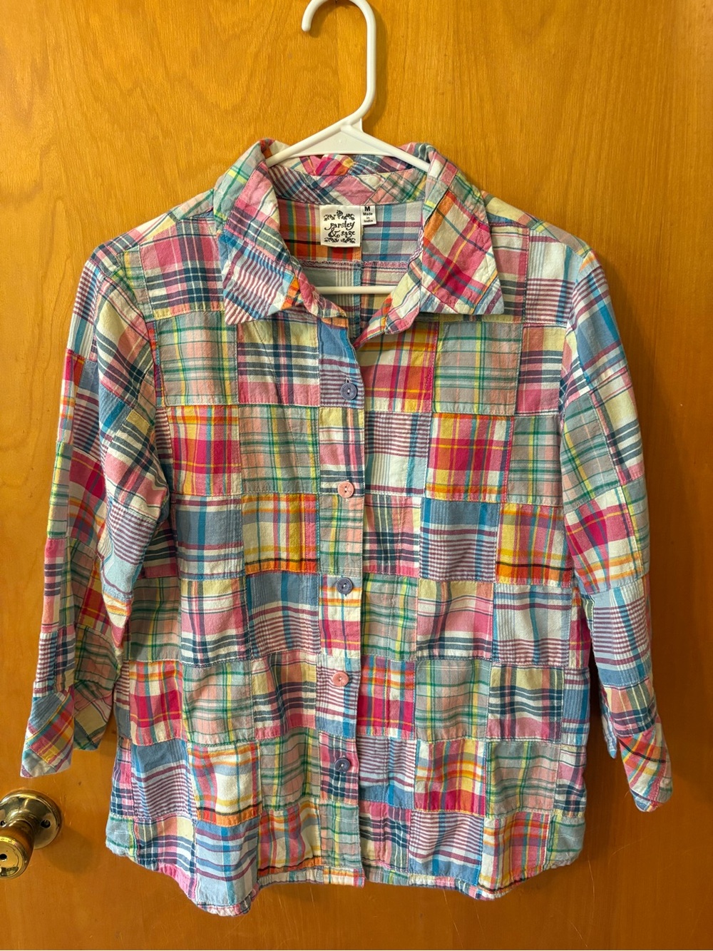 Vintage madras patchwork Multicolor Plaid Button